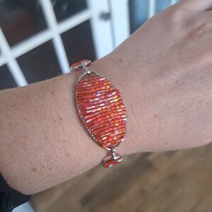 Glass Seed Bead Bracelet Coral Melon Irridescent Silver Wire Jewelry  Orange